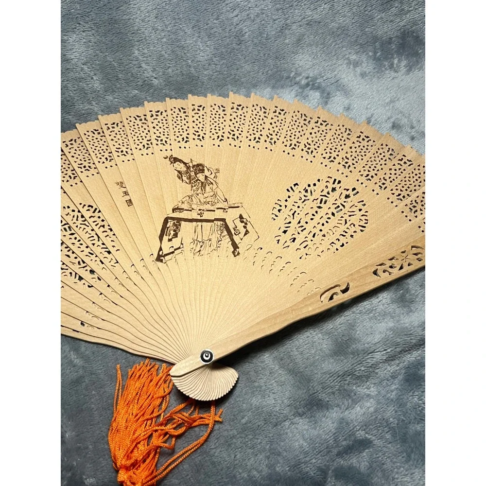Vintage Carved Wood Hand Fan Pagoda Box Tassel Asian Decor Folding 14in